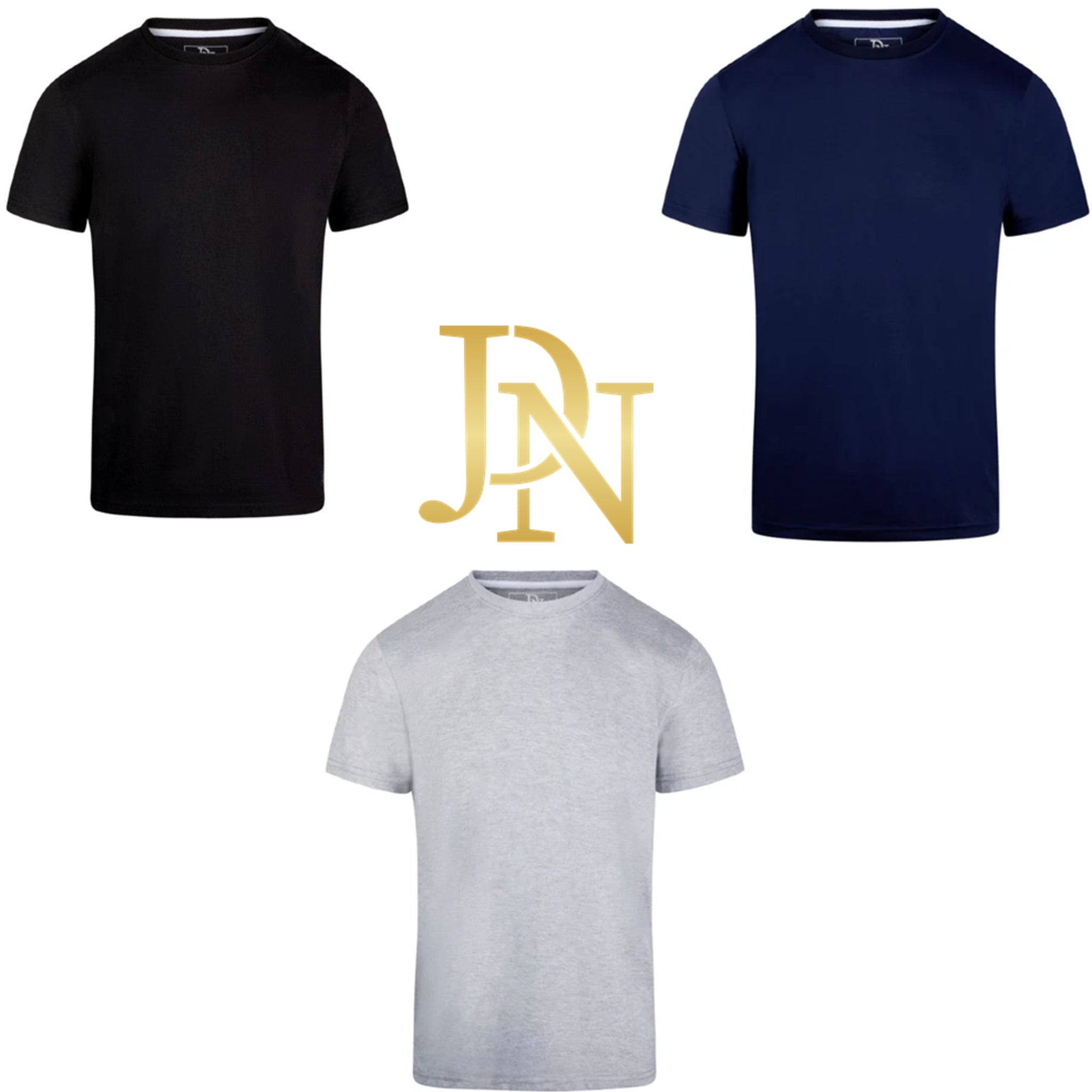 Men's JDN branded premium quality plain t-shirts 3 pack in black, navy blue, and grey